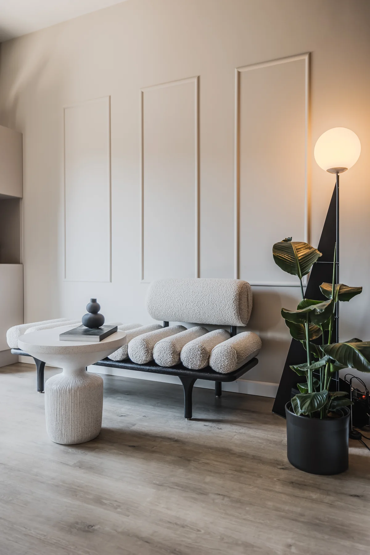 Belle Studio — textured seating and sculptural furniture in the waiting area