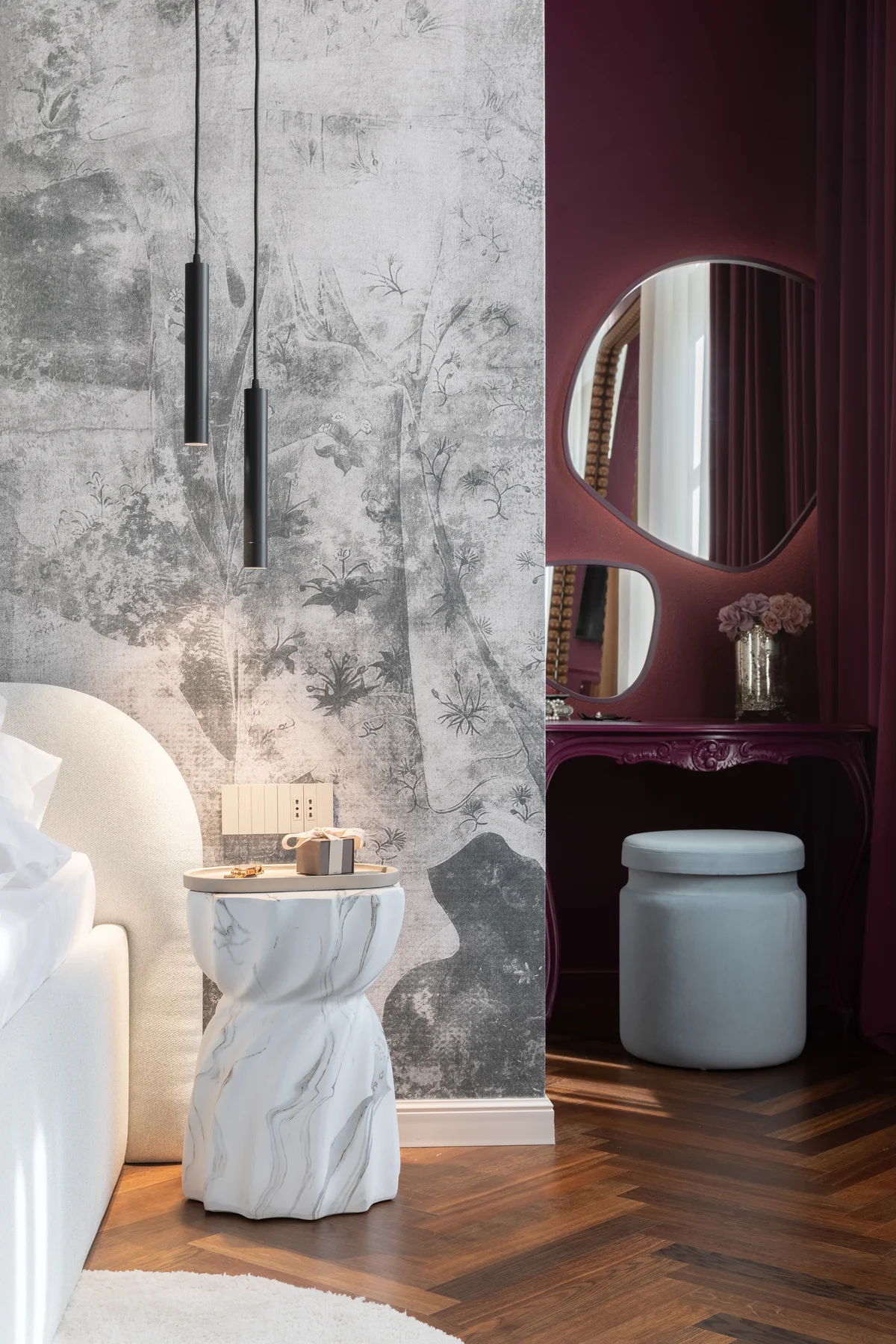 The Frank Affair — burgundy accents and sculptural side table