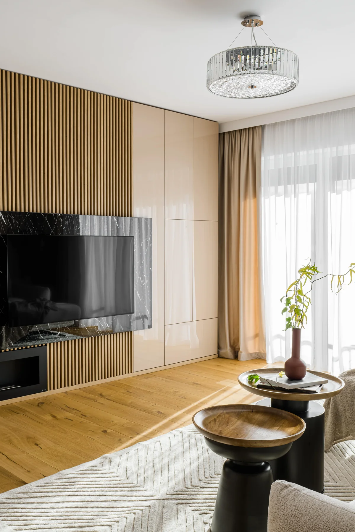 Glam Autumn — Timber wall and living area