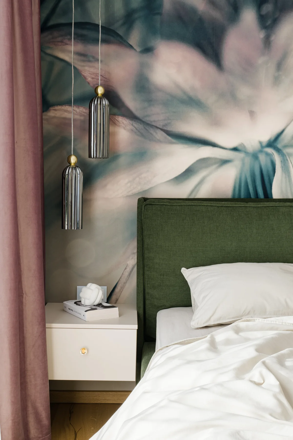 Glam Autumn — Bedroom with green upholstered headboard